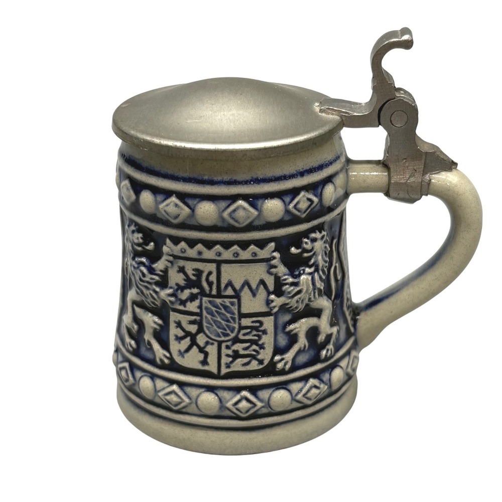 Vtg Gerz W Germany Mini Beer Stein Mug‎ With Lid Pewter Blue Stoneware